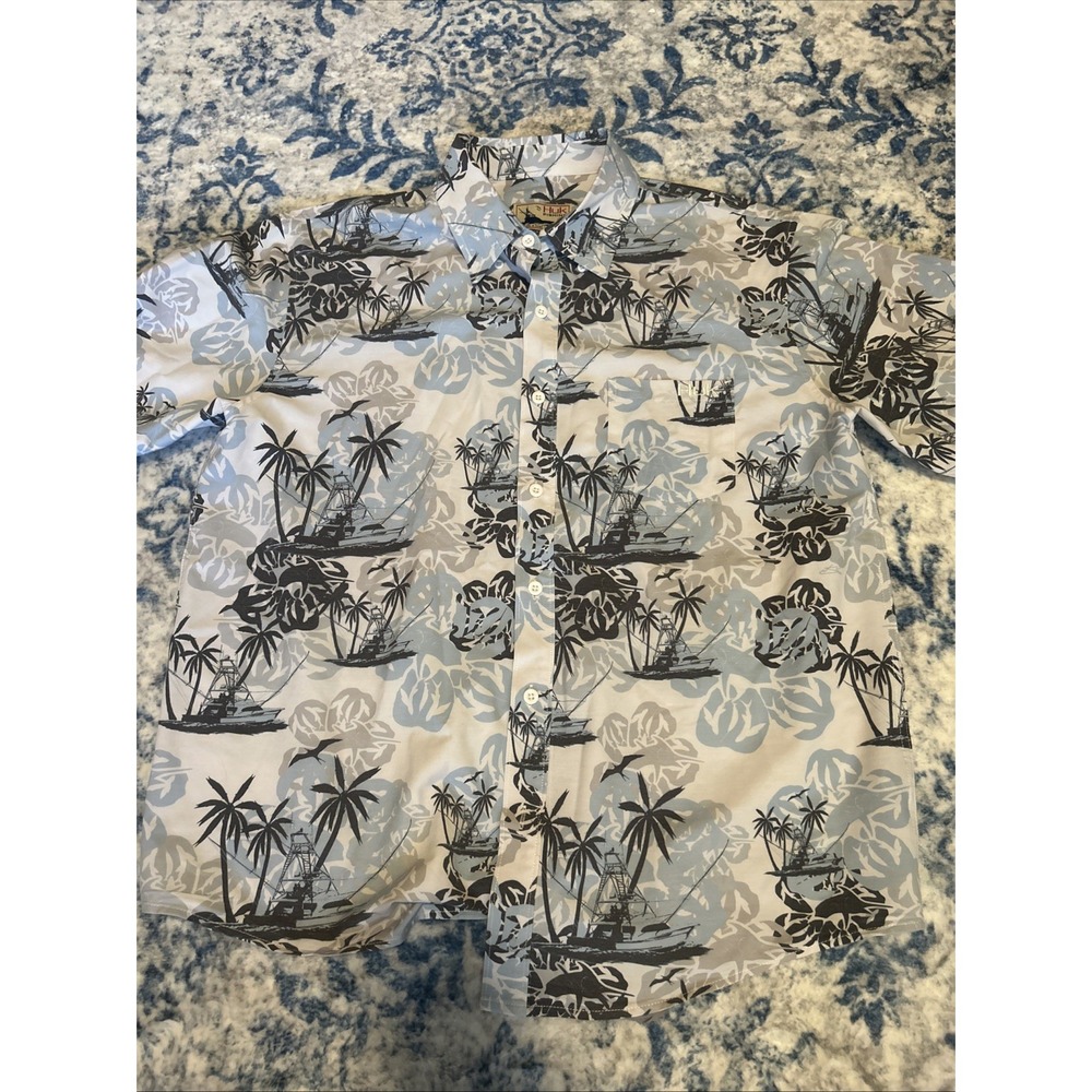 Huk Shirt Mens M Boat Blue Fishing Graphic Print Short Sleeve Button Down Casual